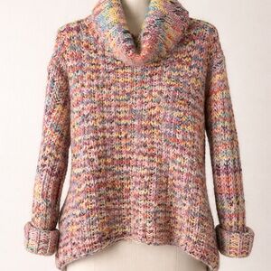 Vintage Multicolor Chunky Knit Cowl Neck Sweater | Cozy Rainbow Pullover